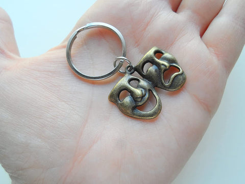 Bronze Theatre Masks Charm Keychain with Custom Letter Charm, Drama Mask Keychain, Graduation Keychain, Actors Keychain