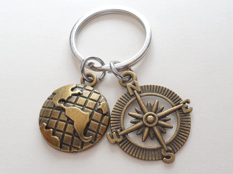 Bronze Compass Keychain with World Globe Charm - I'd Be Lost Without You; Couples Keychain