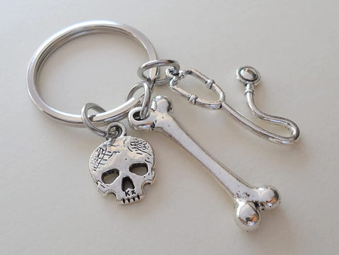 Medical Health Student or Staff Appreciation Keychain with Bone & Skull Charm, and Stethoscope Charm