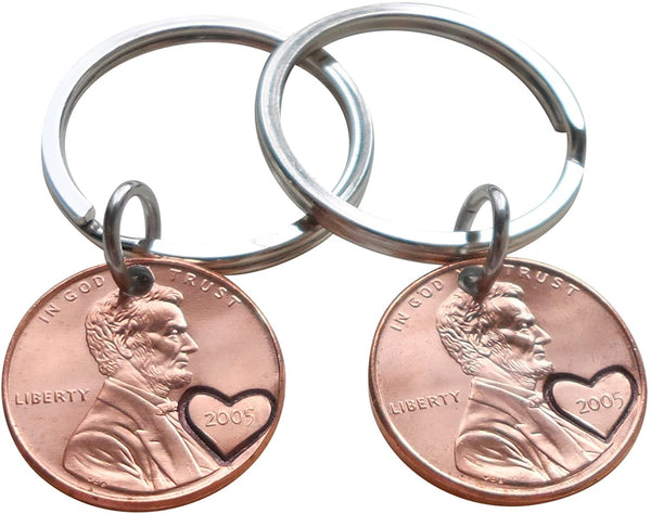 Double Keychain Set 2005 Penny Keychains with Engraved Heart Around Year; 20 Year Anniversary Gift, Couples Keychain