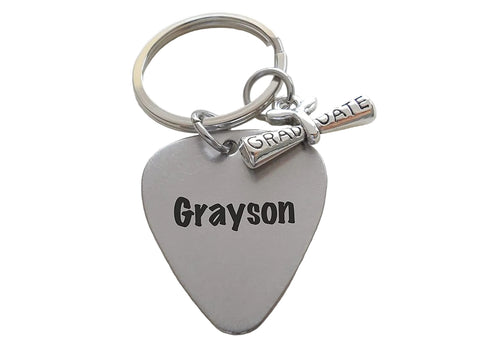 Custom Engraved Graduation Metal Guitar Pick Keychain with Graduate Cap Charm, Class of 2025 Personalized Graduate Keychain, Gift for Graduate