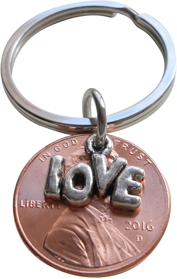 Lucky in Love 2016 Penny Keychain with Love Charm Layered Over; 9 Year Anniversary Gift, Couples Keychain