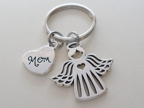 Mom Memorial Keychain with Angel Charm and Mom Heart Charm; My Guardian Angel Keychain