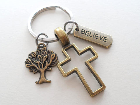 Bronze Cross Keychain with Tree Charm & Faith Tag Charm, Religious Keychain