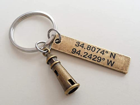 Custom Bronze Lighthouse Keychain with Engraved Tag for Couples or Best Friends, Anniversary Gift Keychain