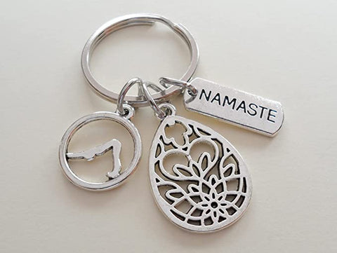 Yoga Keychain, Namaste Tag Charm, Teardrop Lotus Flower Charm, and Downward Dog Pose Charm