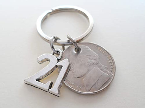 Custom Nickel Keychain with 21 Charm, 21 Year Anniversary Gift, Husband Wife Key Chain, Boyfriend Girlfriend Gift, Customized Couples Keychain