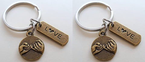 Double Keychain Set, Bronze Pinky Promise & Love Tag Charm Keychains, Best Friend or Couples Keychains