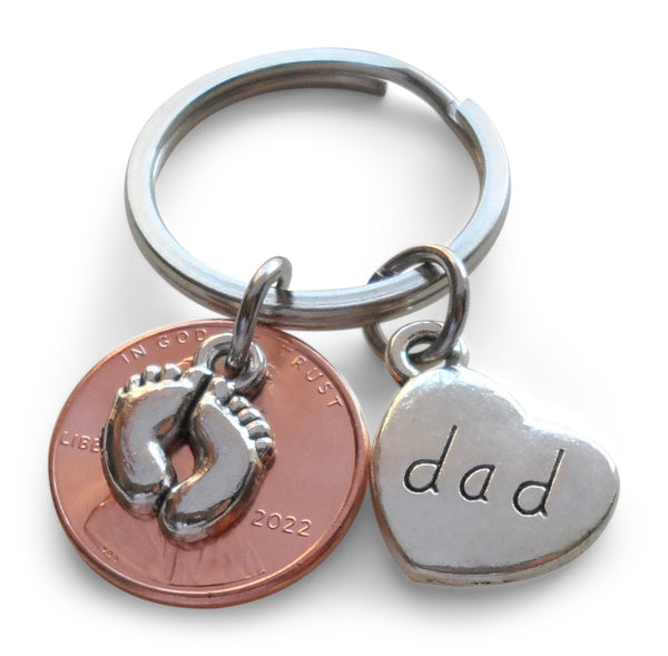 Dad Heart Charm & Baby Feet Charm Layered Over Penny Keychain Father's Keychain, Baby Shower Keychain