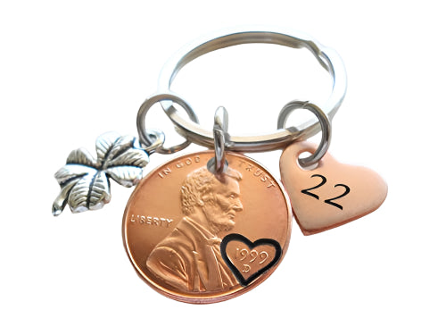 Custom Penny Keychain With Clover Charm and Copper Heart Charm Anniversary Gift, Husband Wife Key Chain, Boyfriend Girlfriend Gift, Couples Keychain