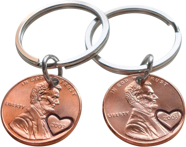 Double Keychain Set 2003 Penny Keychains with Engraved Heart Around Year; 22 Year Anniversary Gift, Couples Keychain