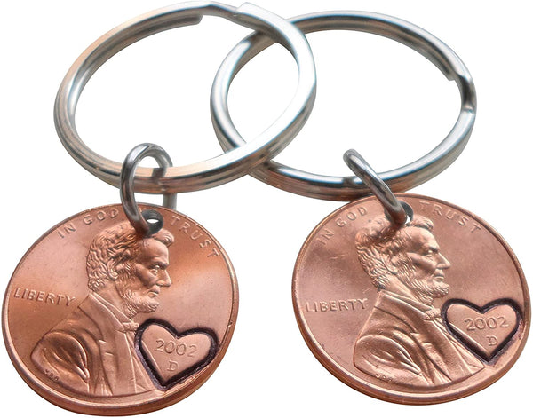 23 Year Anniversary Gift • Double Keychain Set 2002 Penny Keychains w/ Engraved Heart Around Year by Jewelry Everyday