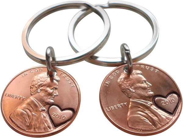 15 Year Anniversary Gift • Double Keychain Set 2010 Penny Keychains with Engraved Heart Around Year by Jewelry Everyday