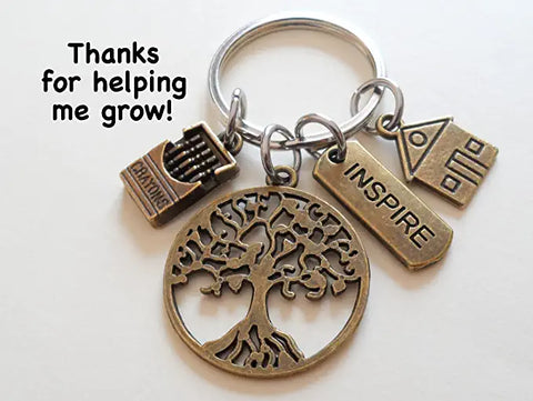 Bronze Tree Keychain with Crayons, School House & Inspire Tag Charm, Teacher Appreciation - Thanks for Helping Me Grow