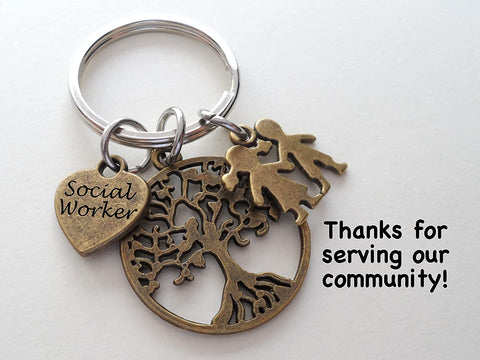 Social Worker Gift Keychain with Bronze Tree and Kids Charm, Community Advocate Gift, Thank you Gift