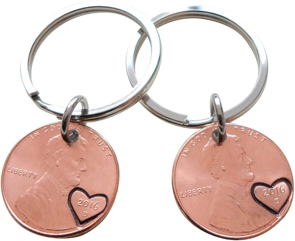Double Keychain Set 2016 Penny Keychains with Engraved Heart Around Year; 9 Year Anniversary Gift, Couples Keychain