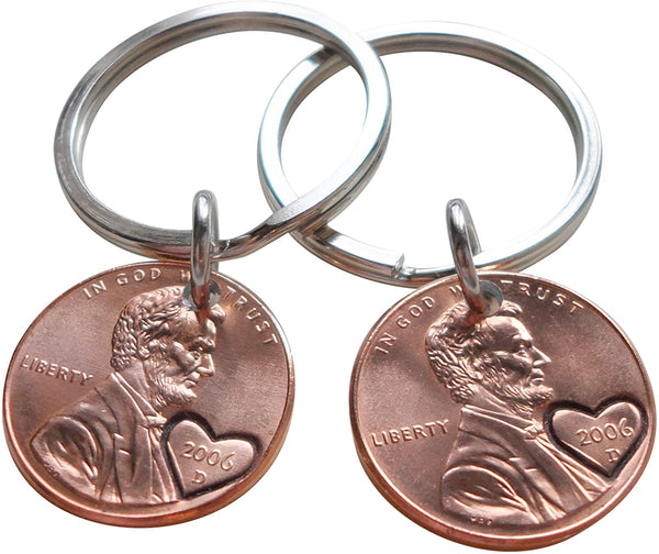 19 Year Anniversary Gift • Double Keychain Set 2006 Penny Keychains with Engraved Heart Around Year by Jewelry Everyday