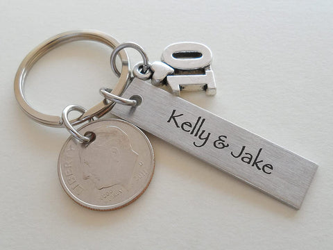 Custom Engraved Aluminum Tag Keychain with Dime & Number 10 Charm, Couples Keychain, 10 Year Anniversary Keychain