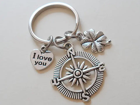 Compass Charm Keychain with Clover & I Love You Heart Charm - I'd Be Lost Without You; Couples Keychain
