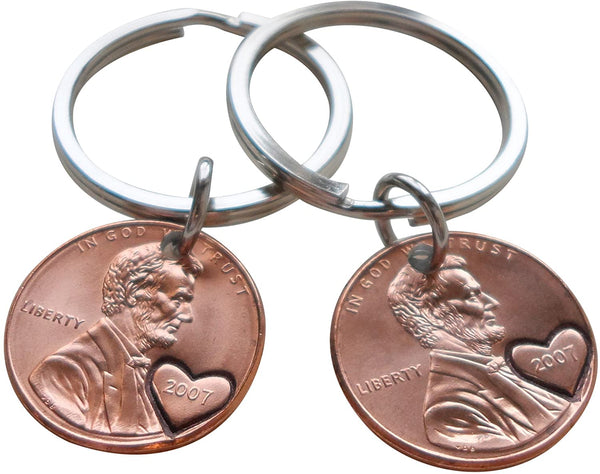 Double Keychain Set 2007 Penny Keychains with Engraved Heart Around Year; 18 Year Anniversary Gift, Couples Keychain