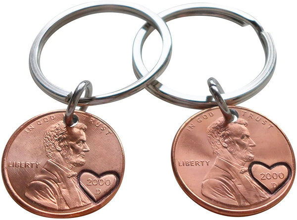 Double Keychain Set 2000 Penny Keychains with Engraved Heart Around Year; 25 Year Anniversary Gift, Couples Keychain