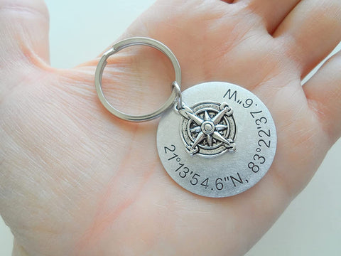 Custom Engraved Coordinates Keychain Steel Disc with Compass Charm, Anniversary Gift Keychain, Special Occasion GPS Keychain