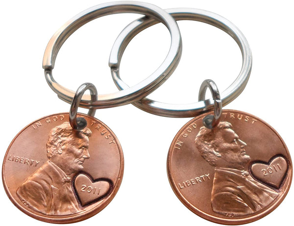 14 Year Anniversary Gift | Double Keychain Set 2011 Penny Keychains with Heart Around Year & Engraved by Jewelry Everyday