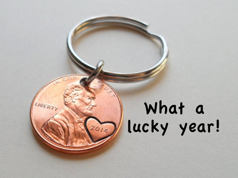 11 Year Anniversary Gift • 2014 Penny Keychain with Engraved Heart Around Year by Jewelry Everyday