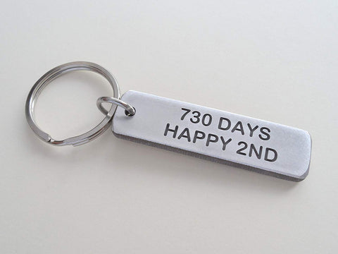 Aluminum Tag Keychain Engraved with "730 Days, Happy 2nd"; 2 Year Anniversary Couples Keychain
