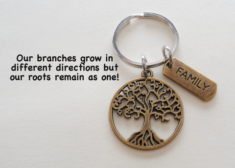 Family Reunion Gift • Bronze Family Tree Keychain w/ card "Our Roots Are As One"
