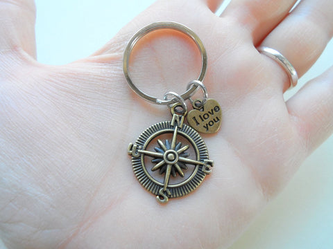 Bronze Open Metal Compass Keychain with "I Love You" Heart Charm- I'd Be Lost Without You; 8 Year Anniversary Gift, Couples Keychain