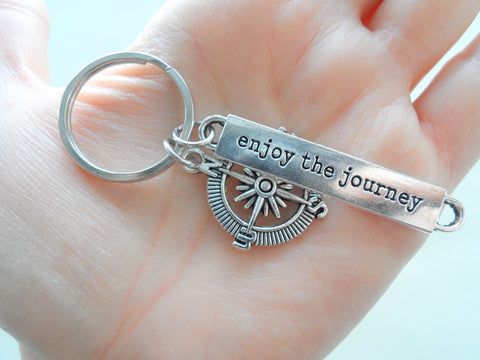 Enjoy The Journey Compass Charm Keychain with Custom Engraved Disc