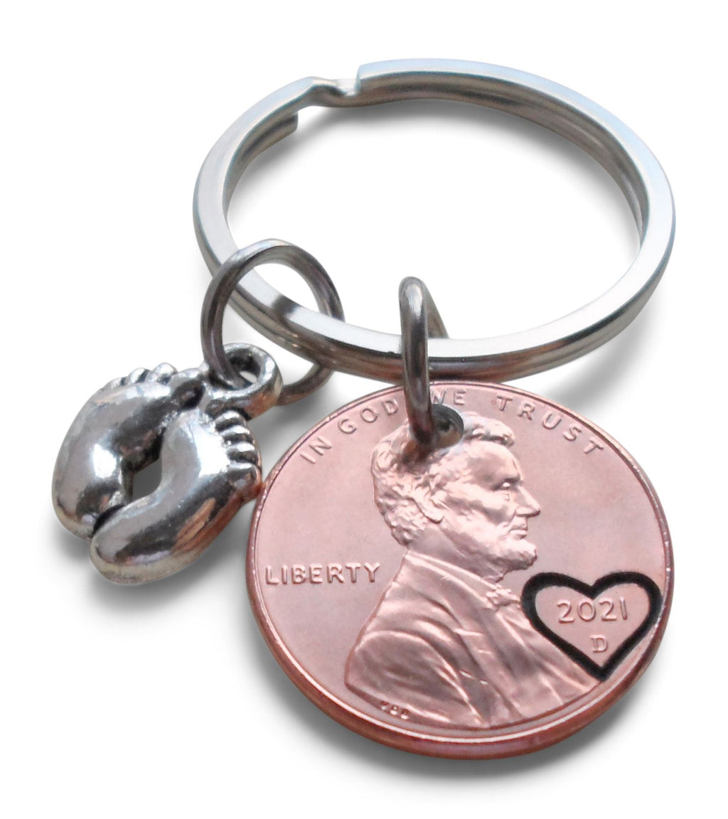 US One Cent Penny Keychain with Heart Around Year & Baby Feet Charm, Mother's Keychain, Father's Keychain