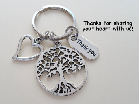 Caregiver, Home Aid Caretaker, or Teacher Keychain Gift, Tree, Heart, and "Thank You" Charm w/ Thanks for sharing your heart with us" Card by JewelryEveryday