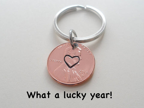 Centered Heart Stamped on 2014 Penny Keychain; 11 Year Anniversary Gift
