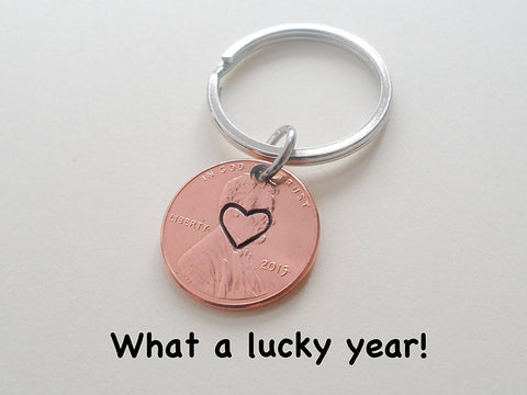 Centered Heart Stamped on 2015 Penny Keychain; 10 Year Anniversary Gift