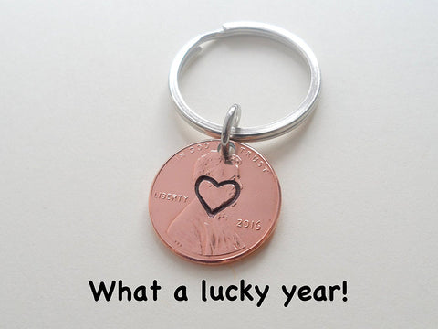 Centered Heart Stamped on 2016 Penny Keychain; 9 Year Anniversary Gift