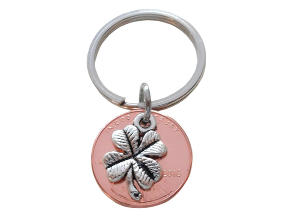 Clover Charm Layered Over 2016 Penny Keychain, 9 Year Anniversary Gift, Couples Keychain