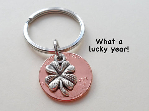 Clover Charm Layered Over 2018 US One Cent Penny Keychain; 7 Year Anniversary Gift, Couples Keychain