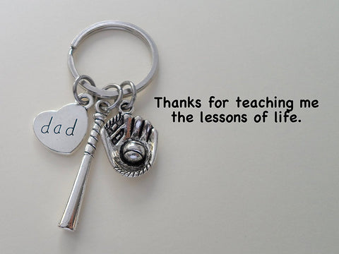 Dad Baseball Keychain, Baseball Glove & Baseball Bat charm; Father's Gift