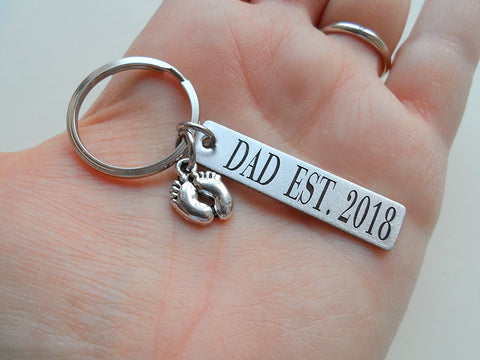Dad Est. Engraved Rectangle Keychain with Baby Feet Charm; Father's Keychain