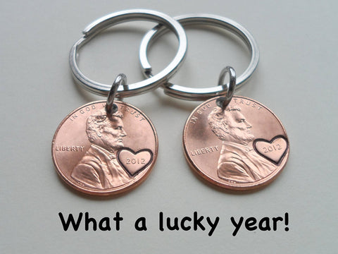 Double 2012 Penny Keychain Set with Engraved Heart Around Year • 13 Year Anniversary Gift from JE