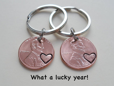 Double Keychain Set 2018 US One Cent Penny Keychains with Heart Around Year; 7 Year Anniversary Gift, Couples Keychain