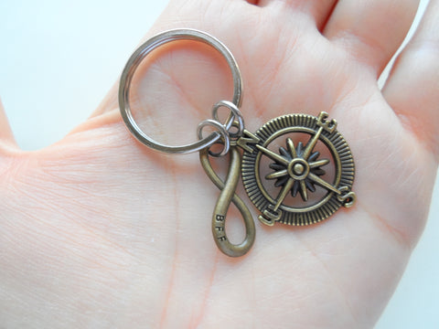 Double Keychain Set, Bronze Compass & BFF Infinity Charm Keychains, Best Friend Gift