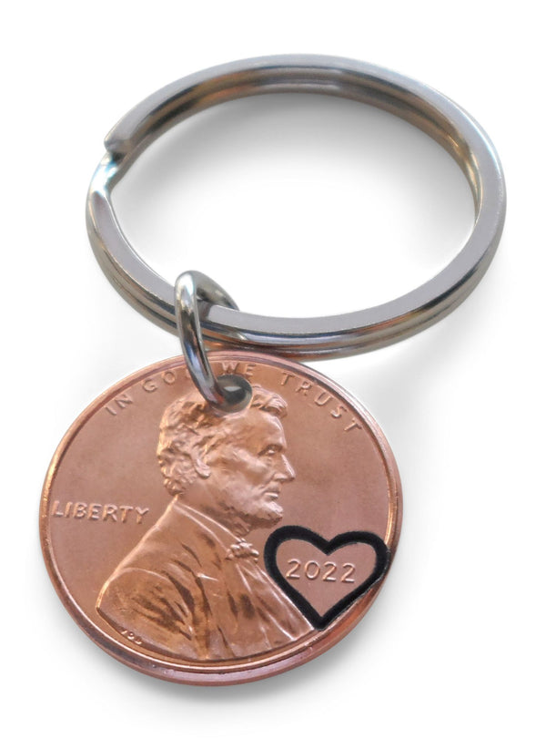 2022 US One Cent Penny Keychain with Heart Around Year; 3 Year Anniversary, Couples Keychain