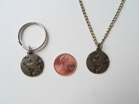 Bronze World Globe Necklace and Keychain Set