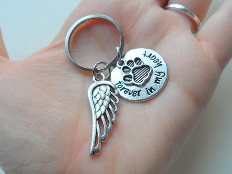 Dog Memorial Keychain • "Forever in my Heart" w/ Cute Paw and Wing Charm | JE