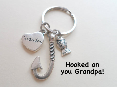 Grandpa Fish Hook Keychain with Little Fish Charm - Hooked on You Grandpa; Grandpa's Keychain