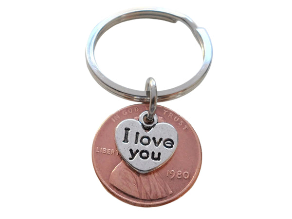 I Love You Heart Charm Layered Over 1980 Penny Keychain; 45 Year Anniversary, Couples Keychain