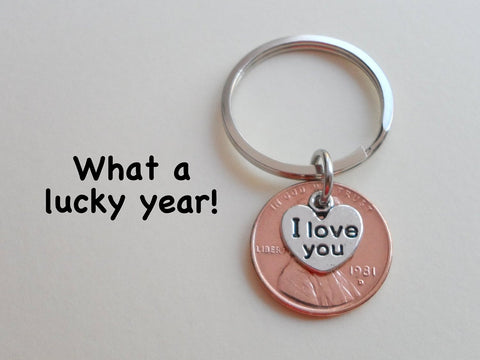 I Love You Heart Charm Layered Over 1981 Penny Keychain; 44 Year Anniversary Gift, Couples Keychain